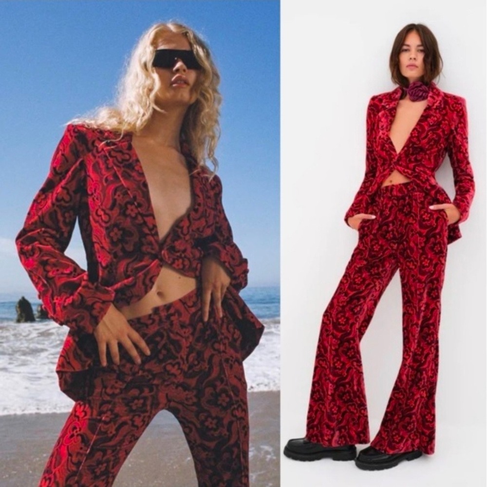 For Love & Lemons Penny Red Velvet Paisley Blazer and Flare Pants Set XXS